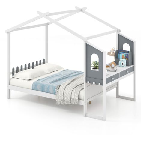 COSTWAY Double House Bed Wood Montessori Bed Frame Playhouse Bed w/Desk (1/5)