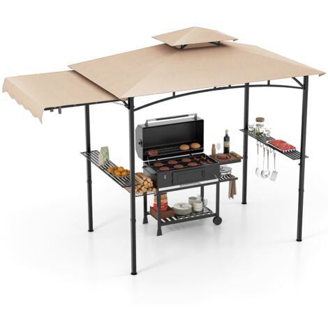 COSTWAY 318x153cm Grill Gazebo Outdoor Barbecue Canopy Tent w/Side Awning-Beige (1/5)