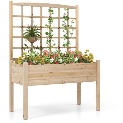 COSTWAY Raised Garden Bed w/ Lattice Trellis & Drainage Holes-Natural (1/5)