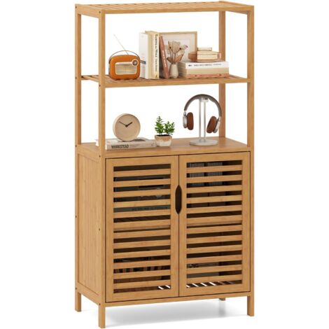 COSTWAY Bamboo Cabinet 5-Tier Bookshelf with Open Shelves & Doors-Natural (1/5)