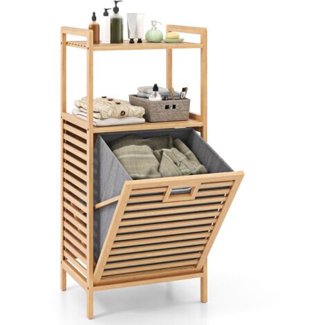 COSTWAY Tilt out Laundry Hamper Bamboo Laundry Cabinet w/Storage Shelves-Natural