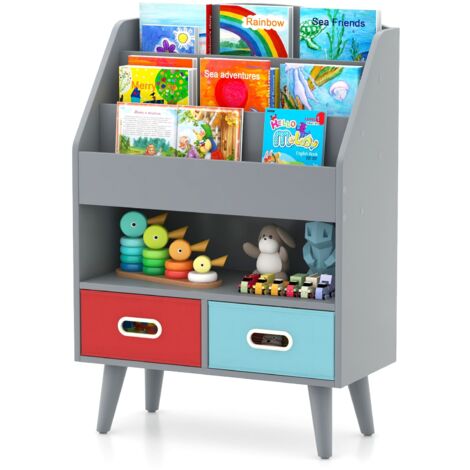 COSTWAY Kids Bookshelf Wooden Children’s Book Display Rack 3-Tier shelves-Grey (1/5)