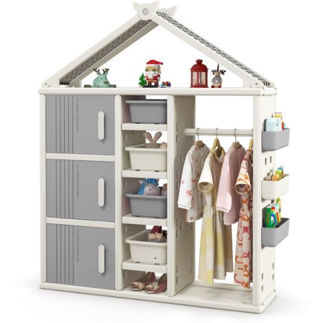 COSTWAY Kids Costume Storage Closet Children Pretend Dresser Armoire Closet-Grey