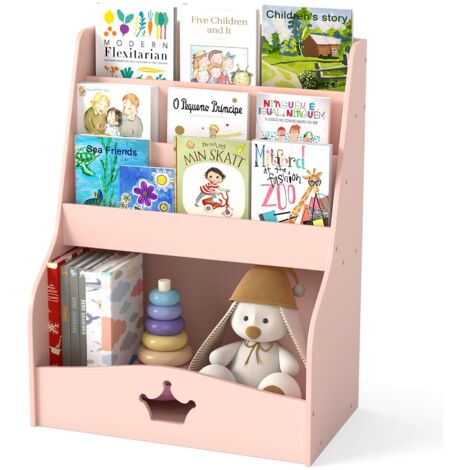 COSTWAY Kids Bookshelf Montessori Bookshelf w/ 3 Shelves & Open Compartment Pink (1/5)