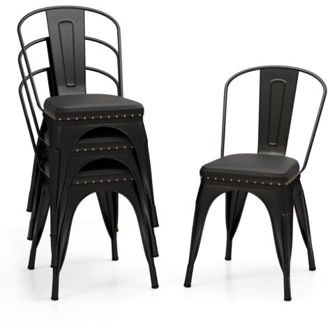 COSTWAY Metal Dining Chair Set of 4 Indoor Stackable Kitchen Chairs-Black Grey (1/5)