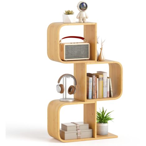 COSTWAY 3-TierS-Shaped Bookcase, Bamboo Bookshelf w/3 Open Cubes-Natural (1/5)
