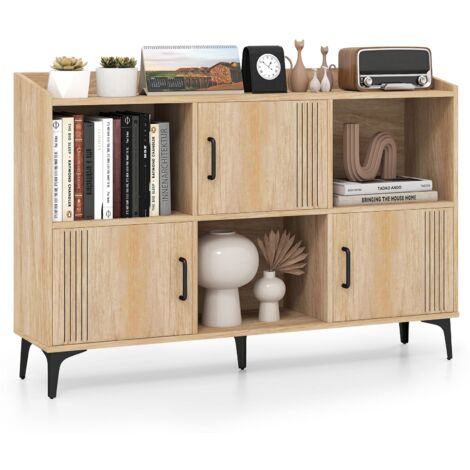 COSTWAY Sideboard Storage Cabinet Bookcase with 3 Doors & Open Compartments Oak (1/5)