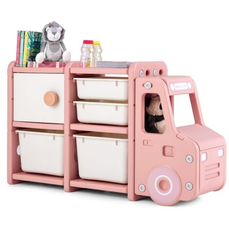 COSTWAY Kids Toy Storage Organizer Truck-shaped Toddler Storage Cabinet 2 Plastic Bins (1/5)