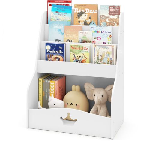 COSTWAY Kids Bookshelf Montessori Bookshelf w/3 Shelves & Open Compartment White (1/5)
