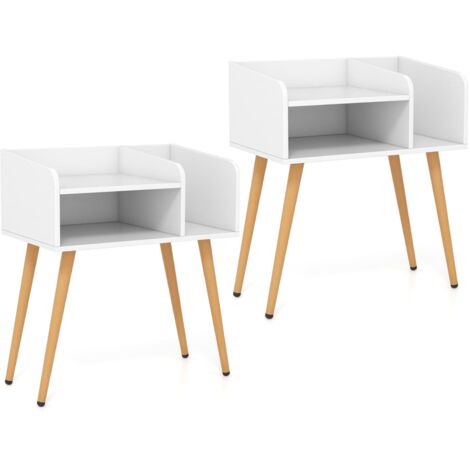 COSTWAY Mid Century Modern Nightstand (Set of 2) with Open Shelves-White (1/5)