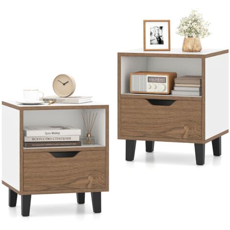 COSTWAY 2Pcs Nightstand Mid Century Modern Bedside Table w/Drawer & Shelf-White