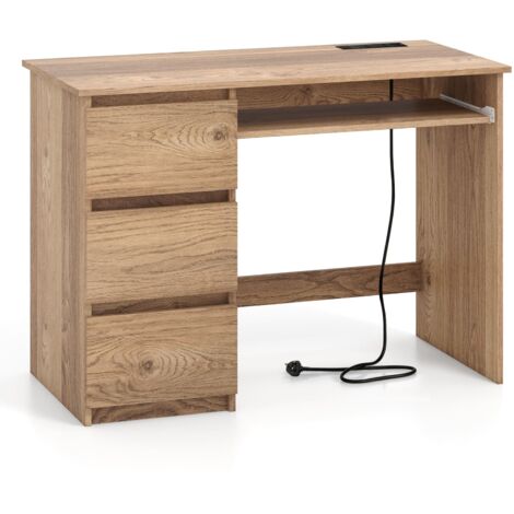 COSTWAY Computer Desk Modern Office Desk w/ Power Outlet & Keyboard Tray-Natural