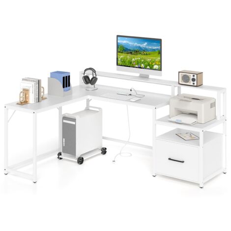 COSTWAY L-shaped Desk Home Office Desk with File Drawer & Power Outlet-White (1/5)