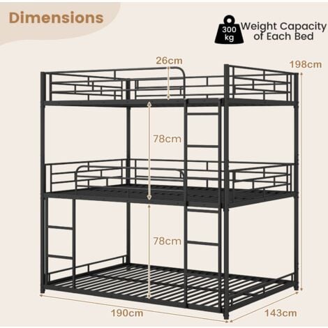COSTWAY Metal Triple Bunk Bed Double Over Double Over Double Bunk Bed-Black