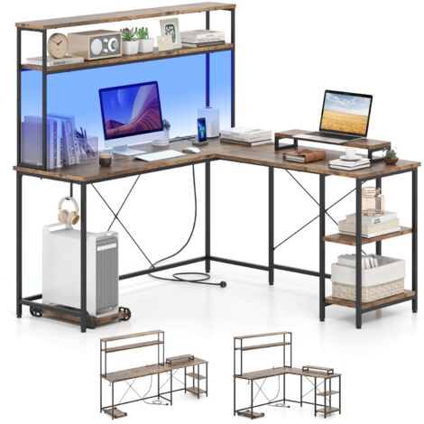 COSTWAY L-Shaped Gaming Desk Reversible Corner Computer Desk w/LED Strip-Brown (1/5)