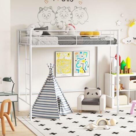 COSTWAY Metal Loft Bed Space-saving Loft Bed Frame with 2 Ladders-White