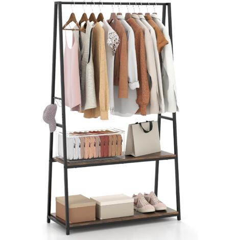 COSTWAY Clothes Rack Home Freestanding Clothes Rack w/ 2 Shelves-Brown (1/5)