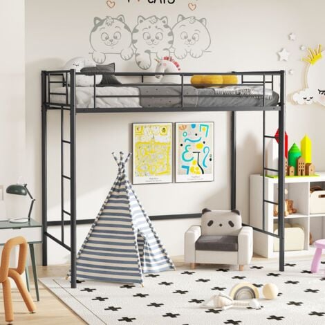 COSTWAY Metal Loft Bed Space-saving Loft Bed Frame with 2 Ladders-Black