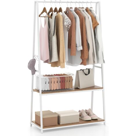 COSTWAY Clothes Rack Home Freestanding Clothes Rack w/ 2 Shelves-Natural (1/5)