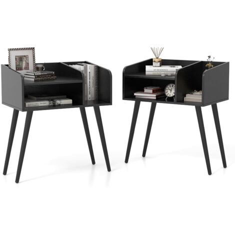COSTWAY Mid Century Modern Nightstand (Set of 2) with Open Shelves-Black (1/5)
