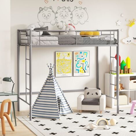 COSTWAY Metal Loft Bed Space-saving Loft Bed Frame with 2 Ladders-Silver