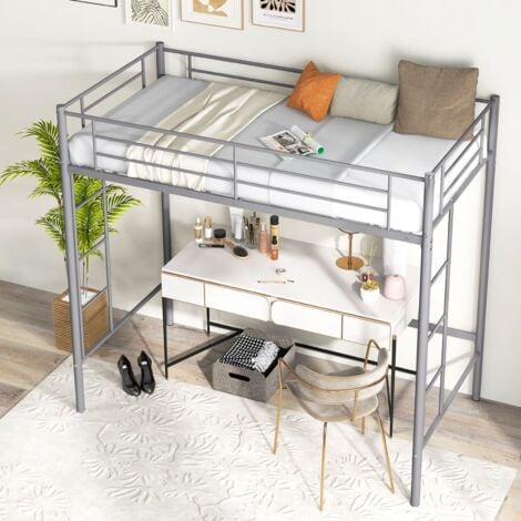 COSTWAY Metal Loft Bed Space-saving Loft Bed Frame with 2 Ladders-Silver