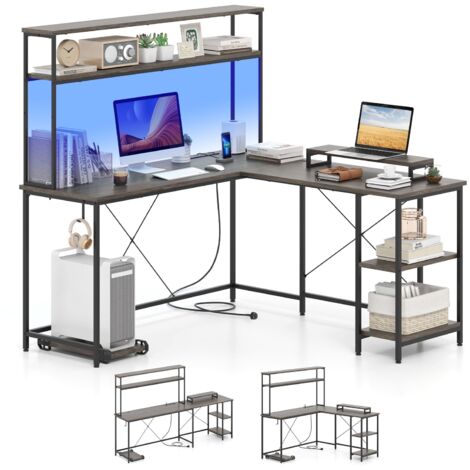 COSTWAY L-Shaped Gaming Desk Reversible Corner Computer Desk w/LED Strip-Grey (1/5)