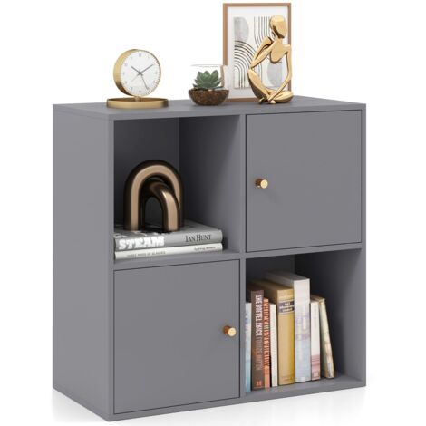 COSTWAY 4-Cube Bookcase 3-Tier Bookshelf Storage Organizer w/2 Cabinets-Grey (1/5)