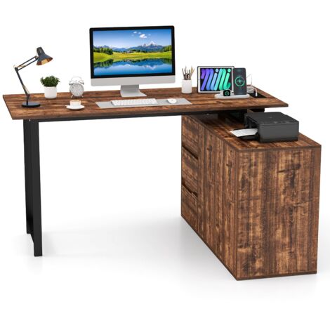 COSTWAY L-Shaped Desk 138 cm Reversible Corner Computer Desk-Coffee (1/5)