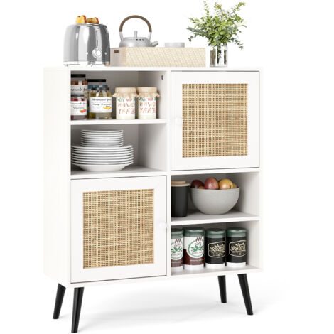 COSTWAY Rattan Sideboard Buffet Cabinet Boho Accent Cabinet w/4 Cubbies-Natural