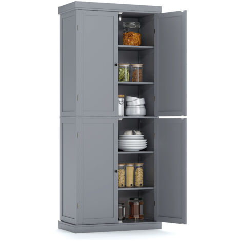 COSTWAY 4 Door Kitchen Pantry 184cm Tall Buffet Cabinet w/ 6-Tier Shelves-Grey