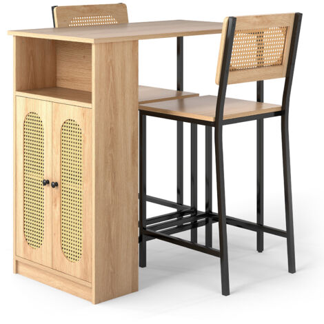 COSTWAY 3Piece Bar Table Set Dining Table and 2 Bar Stools Set w/Storage-Natural
