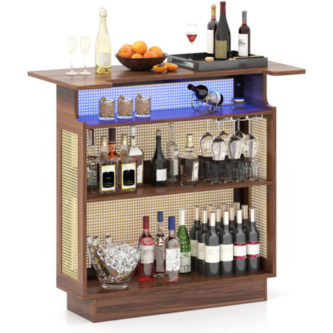 COSTWAY Rattan Bar Table with RGB LED Light & App Control-Brown