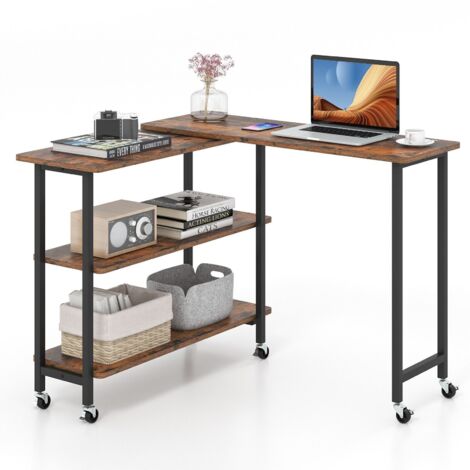 COSTWAY L-shaped Mobile 360° Rotating Corner Computer Desk Laptop Computer PC Desk Home