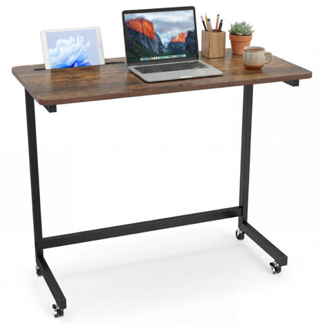 COSTWAY Mobile Side Table Rolling Laptop Desk Cart with Tablet Slot-Brown