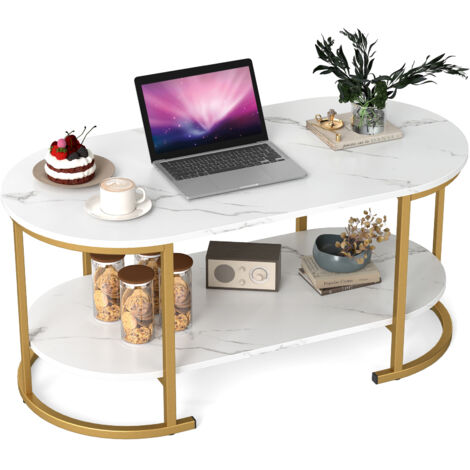 COSTWAY Oval Coffee Table 2-Tier Living Room Center Table with Storage-White (1/5)