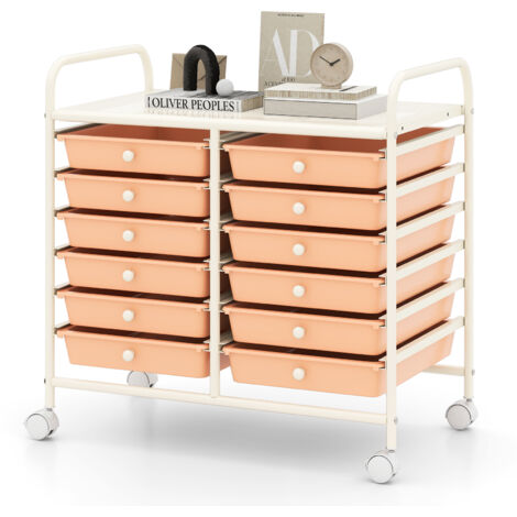 COSTWAY 12 Drawers Multi-Purpose Utility Cart Storage Rolling Cart-Pink (1/5)
