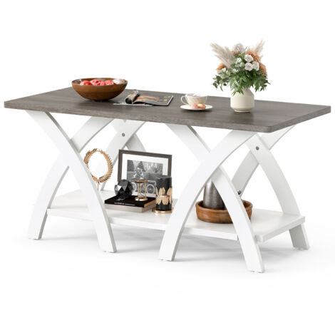 COSTWAY 40” Farmhouse Wooden Accent Table with Storage Shelf-Gray (1/5)