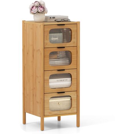 COSTWAY 4-Drawer Dresser Bamboo Storage Cabinet w/Fluted Tempered Glass Drawers (1/5)