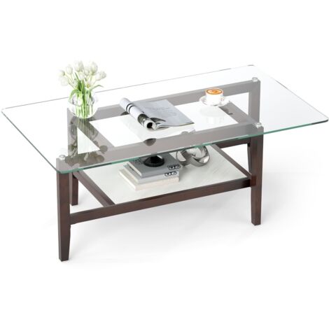 COSTWAY Glass Coffee Table 2-Tier Coffee Table with Storage Shelf-Brown (1/5)