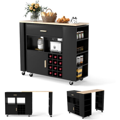 COSTWAY Kitchen Island Cart Bar Table Combo Reversible Mobile Serving Cart Black (1/5)