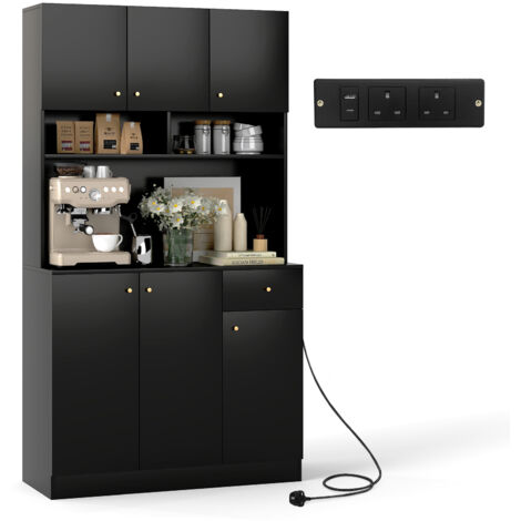 COSTWAY 180cm Tall Pantry Cabinet Kitchen Cabinet Freestanding Buffet Cupboard-Black