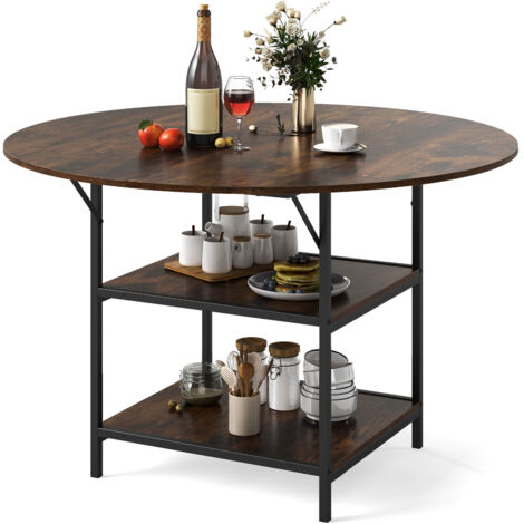 COSTWAY 120 CM Round Dining Table for 4-6 Mid-Century Modern Kitchen Table with 2-Tier Storage Shelf-Brown