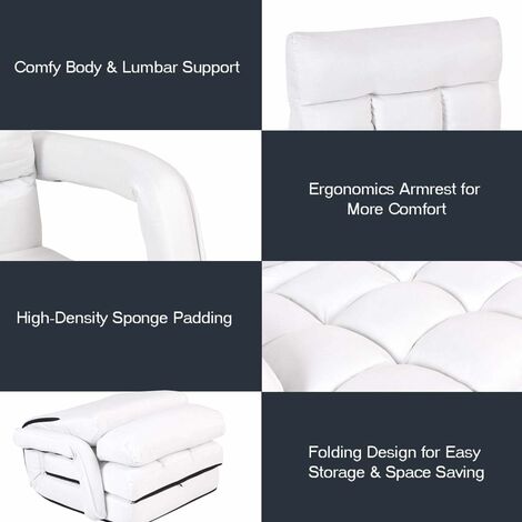 COSTWAY Adjustable Folding Lazy Sofa Bed with Armrests and Pillow, Convertible Floor Armchair Sofa Seat for Home Office, Easy-to-Clean (White)