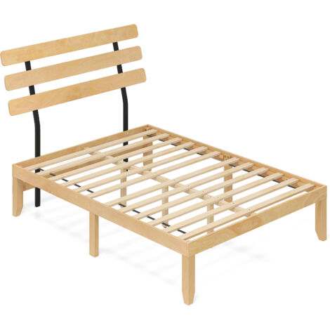 COSTWAY Double Size Bed Frame Solid Wood Platform Bed w/Retro Headboard-Natural (1/5)
