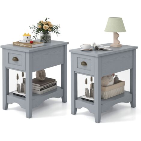 COSTWAY 2 PCS Side End Table Retro Side Table Rectangular Nightstand-Grey (1/5)