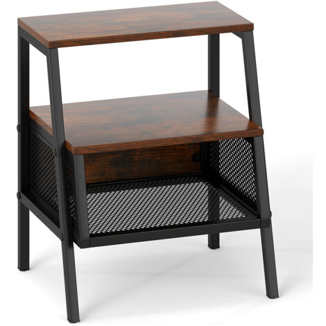 COSTWAY Industrial Nightstand 3-Tier End Table with 2 Open Shelves-Brown (1/5)