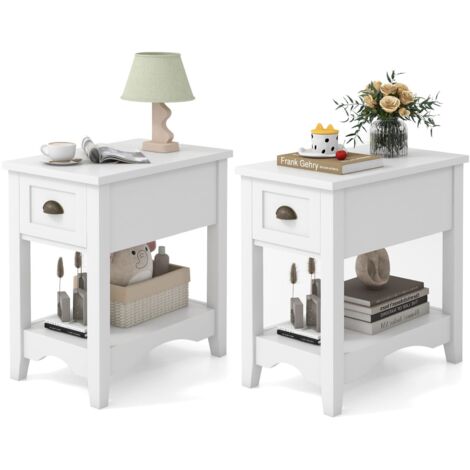 COSTWAY 2 PCS Side End Table Retro Side Table Rectangular Nightstand-White (1/5)