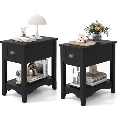 COSTWAY 2 PCS Side End Table Retro Side Table Rectangular Nightstand-Black (1/5)