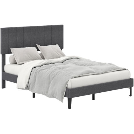 COSTWAY Double Size Linen Fabric Bed Frame Upholstered Platform Bed-Grey (1/5)